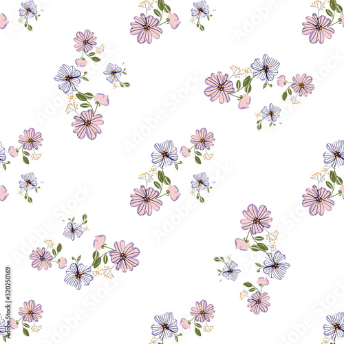 Seamless pattern with colorful hand drawn flowers. Original textile, wrapping paper, wall art surface design. Vector illustration. Floral simple minimalistic graphic design