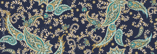 Seamless ethnic pattern of paisley and decorative floral branches. Indian motif. Vector background