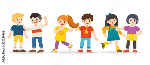 Bullying children. A boy pulling girl's hair. Girl pushing another girl. Angry boy rampage hitting him friend. Problem of Physical bullying at school. Sad moment.