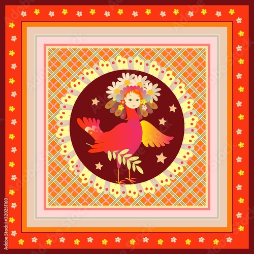 Magic bird Sirin. Beautiful card with russian folkloric motifs. photo