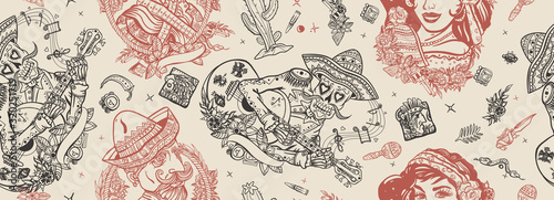 Mexico. Seamless pattern. Skeleton with guitar, mexican woman, bandit. National culture and people. Traditional tattooing style. Day Of Dead art. Old school tattoo vector background