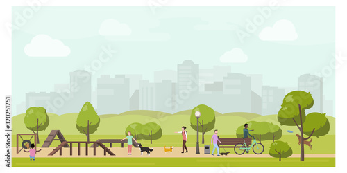 Dog playground in city park flat illustration. Stock vector. People playing with dogs in public park. Dog training equipment, dog walking in a special zone.