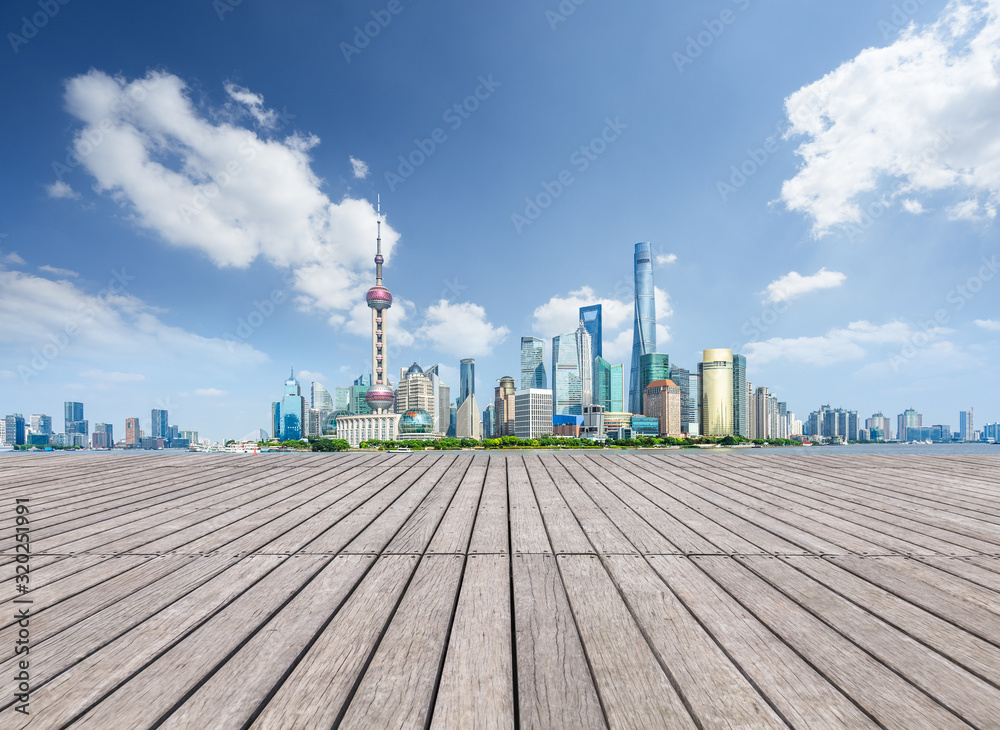 Empty wooden footpath front of shanghai city skyline Empty wooden footpath front of shanghai city skyline