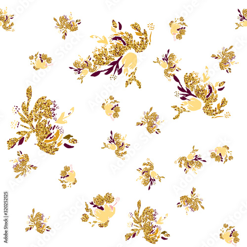 Gold flowers background. Vector glitter textured seamless pattern with flowers bouquet