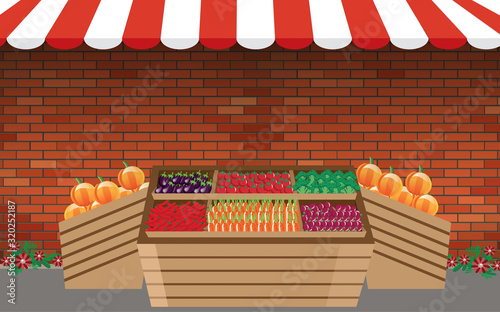 outdoor vegetable market on the red brick wall background