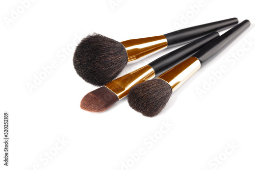 Cosmetic brushes for applying makeup. Makeup artist accessories isolated on white background. Accessories for the perfect make-up of the skin of the face.