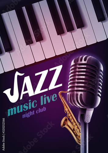 front microphone with saxophone and piano behind in an evening of jazz music
