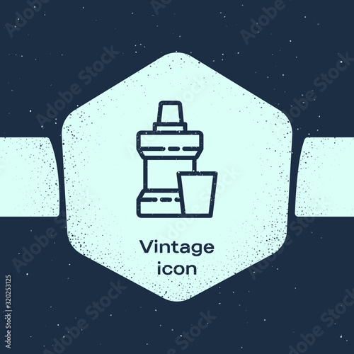 Grunge line Mouthwash plastic bottle and glass icon isolated on blue background. Liquid for rinsing mouth. Oralcare equipment. Monochrome vintage drawing. Vector Illustration