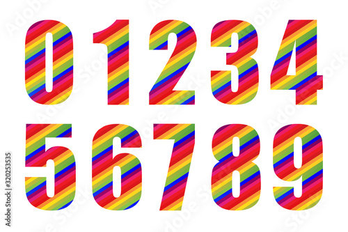 0, 1, 2, 3, 4, 5, 6, 7, 8, 9 Rainbow Numeral. Colorful Number Vector Illustration.