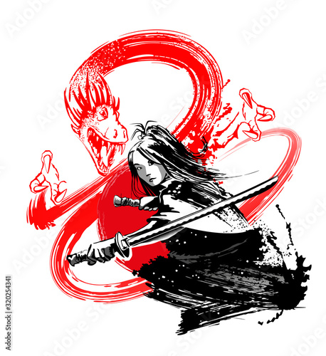 Girl with Asian appearance with a samurai sword against the backdrop of a red dragon. Vector illustration.
