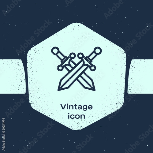 Grunge line Crossed medieval sword icon isolated on blue background. Monochrome vintage drawing. Vector Illustration