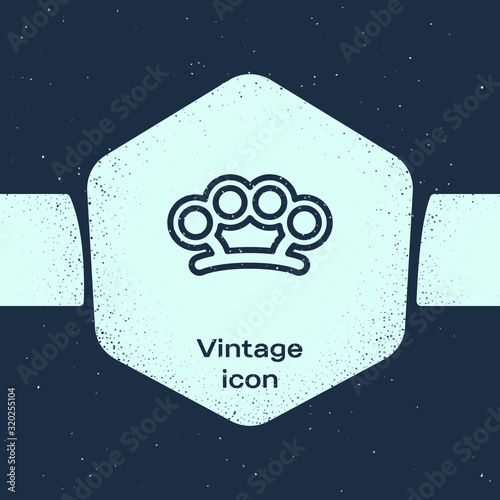 Grunge line Brass knuckles icon isolated on blue background. Monochrome vintage drawing. Vector Illustration