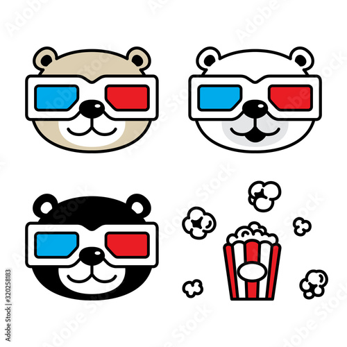 Bear vector polar bear popcorn icon 3d glasses movie cinema teddy head face character cartoon illustration doodle design