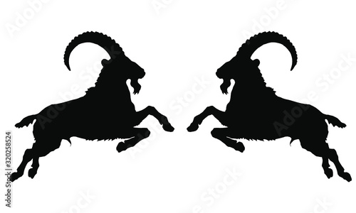 two mountain goats, black silhouette on a white background, vector isolated monochrome image