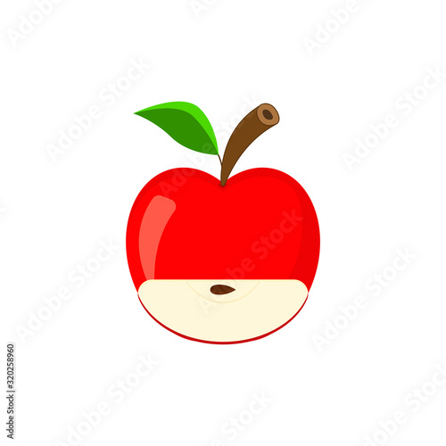 Red whole apple and quarter apple with a seed inside. Apple icon with a slice, branch and leaf. Vector illustration.	