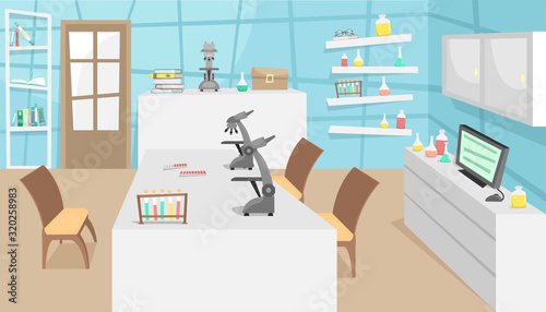 Chemical and biological laboratory with test tubes, flasks and microscopes. Research and invention of vaccines. Viral disease. Epidemic.