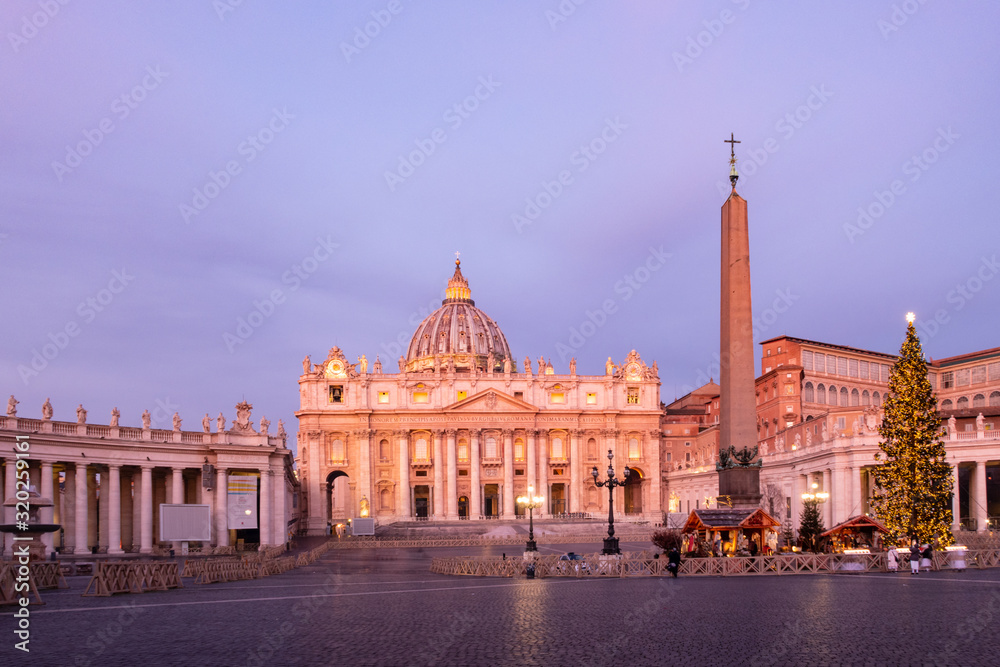 Rome, Italy - Jan 3, 2020: St. Peters Square and St. Peters Basilica at night, Vatican City, UNESCO World Heritage Site, Rome, Lazio, Italy, Europe