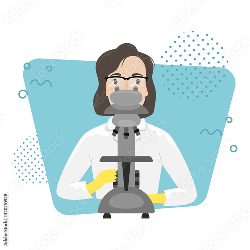 Biologist chemist in a white coat with a microscope in the laboratory. Research and invention of vaccines. Viral disease. Epidemic.