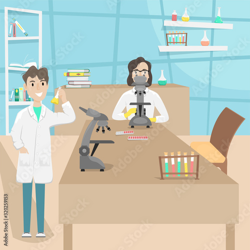 Chemical and biological laboratory with test tubes, flasks and microscopes. Research and invention of vaccines. Viral disease. Epidemic.