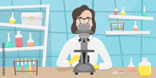 Biologist chemist in a white coat with a microscope in the laboratory. Research and invention of vaccines. Viral disease. Epidemic.