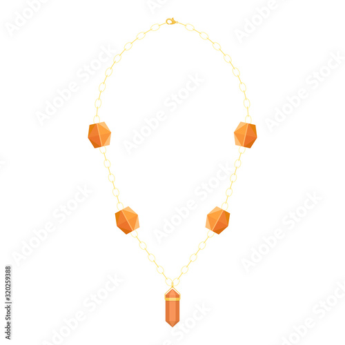 Women's necklace made of rhinestones, beads and chains. Flat vector illustration.