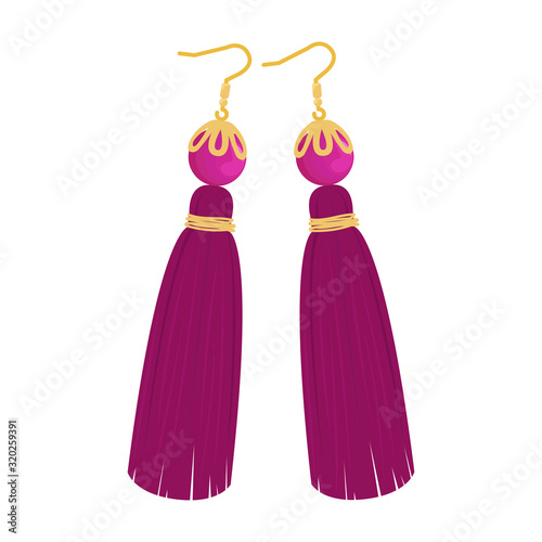 Women's tassel earrings made of silk threads and accessories. Flat vector illustration.