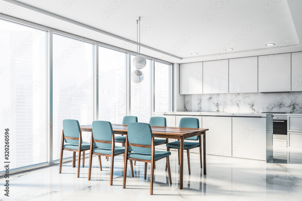 Panoramic white and blue kitchen corner Panoramic white and blue kitchen corner
