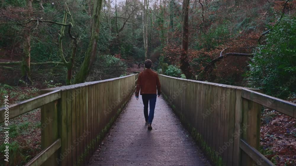 Man Walking Across Forest Bridge slow motion Man Walking Across Forest Bridge slow motion