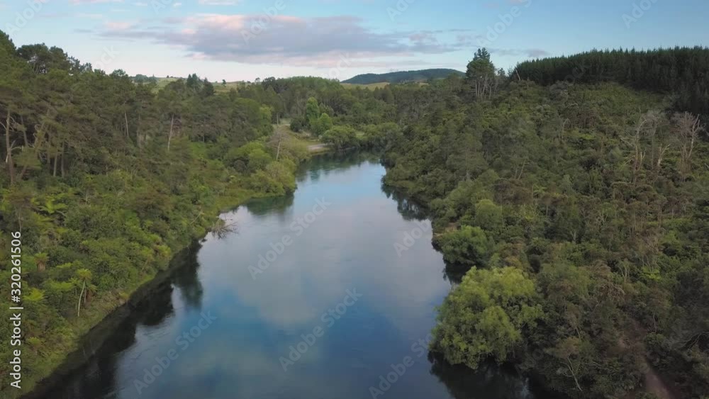 Wide aerial view of the Waikato River in Taupo, New Zealand Wide aerial view of the Waikato River in Taupo, New Zealand