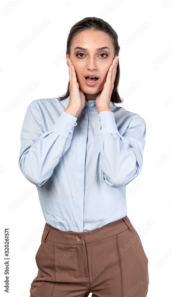 Astonished young business woman, isolated portrait Astonished young business woman, isolated portrait