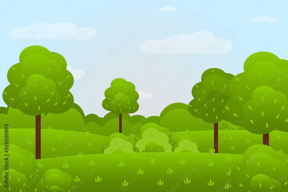 Landscape from fantasy compositions. Sea with mountains and trees in a minimal style. Flat design, vector illustration