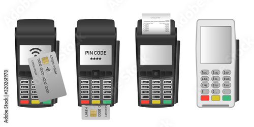 Bank terminal icons set. Realistic set of bank terminal vector icons for web design isolated on white background