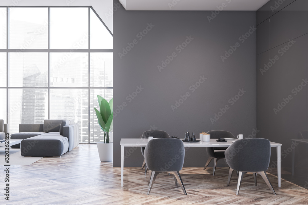 Gray dining room and living room interior Gray dining room and living room interior