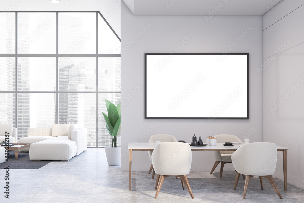 White dining room and living room with poster