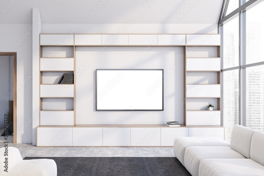 Fototapeta premium White living room interior with TV and sofa