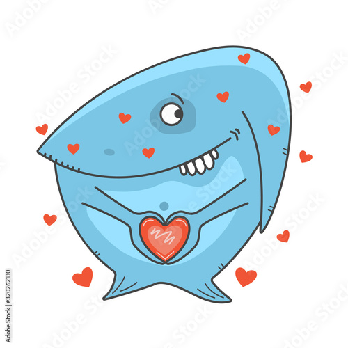 A blue and smiling monster holds a heart