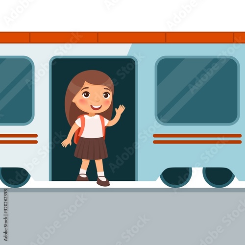 Preteen girl getting off train flat vector illustration. Little passenger standing in railway transport and waving hand. Train arrival, departure. Small kid leaving wagon color cartoon character