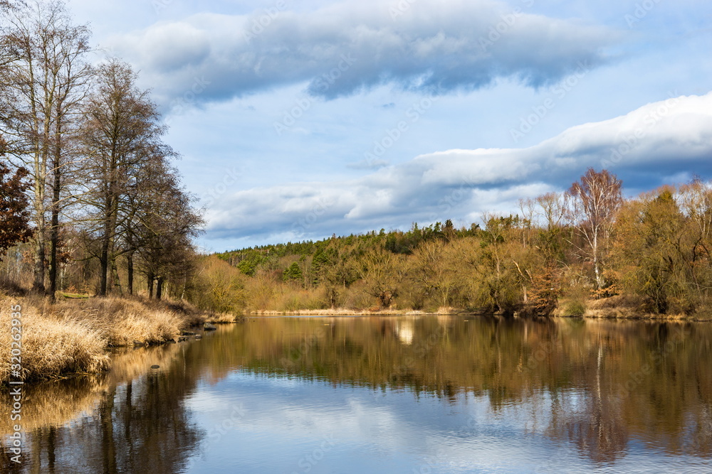 Early spring landscape with Vltava river in South Bohemia.