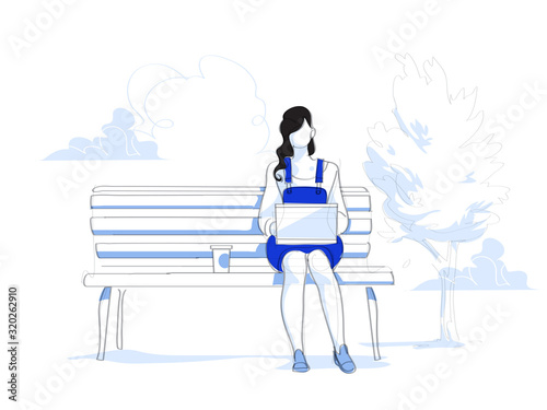 Una freelancer, ragazza, giovane studentessa lavora al computer portatile seduta sul banco al parco - illustrazione vettoriale