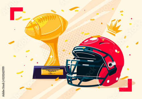 Vector illustration of the champion's Cup in the American football championship with confetti, a helmet for playing American football