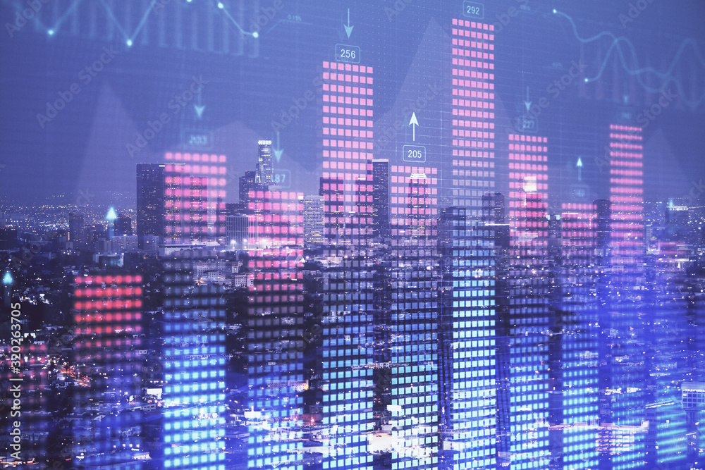 Financial graph on night city scape with tall buildings background double exposure. Analysis concept. Financial graph on night city scape with tall buildings background double exposure. Analysis concept.