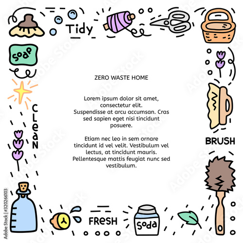 Square frame with objects for Home. Zero waste concept. Eco natural style banner template with place for your text