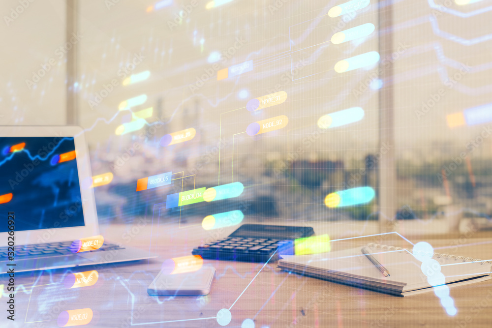 Double exposure of desktop computer and technology theme hologram. Concept of software development. Double exposure of desktop computer and technology theme hologram. Concept of software development.