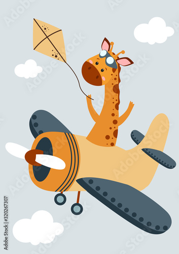 travel card with giraffe on a plane - vector illustration, eps