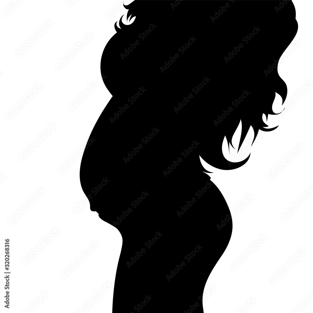 Vector silhouette of pregnant woman on white background. Symbol of maternity.
