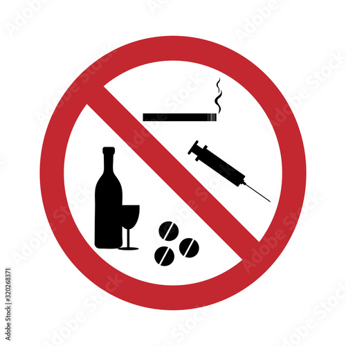 Vector silhouette of no smoking, alcohol and drugs sign on white background. Symbol of healthy care.