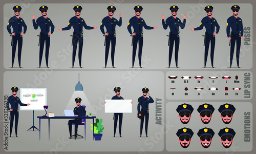 Police character Set. Collection of character body Poses, facial gestures, investigation activities and Lip syncs poses. Ready-to-use and animate, character set. Vector illustration.