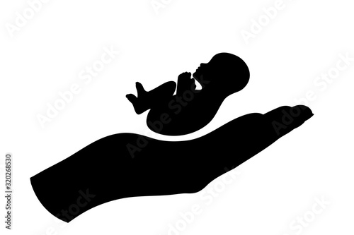 Vector illustration of fetus with hand protection symbol on white background. Sign of baby.