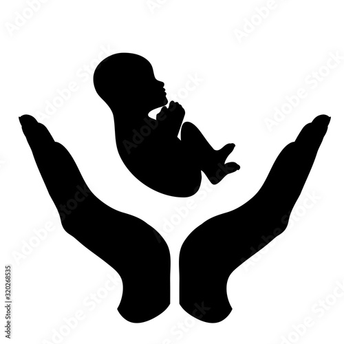 Vector illustration of fetus with hands protection symbol on white background. Sign of baby.