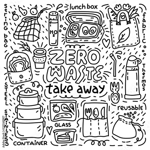 Doodle style illustration with take away objects. Zero waste concept. Eco friendly style